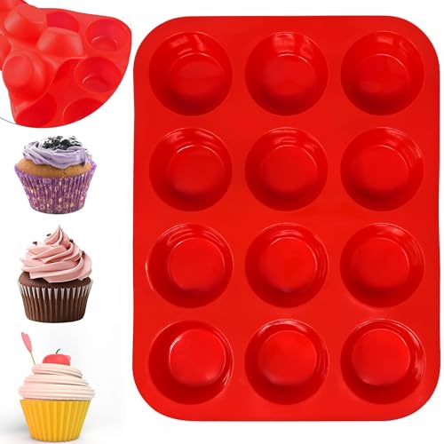 PLASTIFIC 12 Large Silicone Muffin Yorkshire Pudding Mould Cupcake Baking Bakeware Tray (Red)
