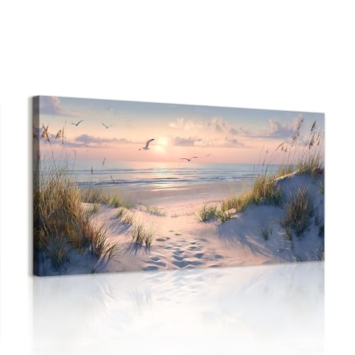 WENGTIAO Stampa su Tela Paesaggio Marino Incorniciato Grande Quadro su Tela Oceano Sole Spiaggia Erba Paesaggio Costiero Pittura Quadri Moderni Soggiorno Camera da Letto Decorativo Parete 100x50 cm
