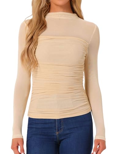 Haut en maillage femme chic à manches longues Allegra K et col montant