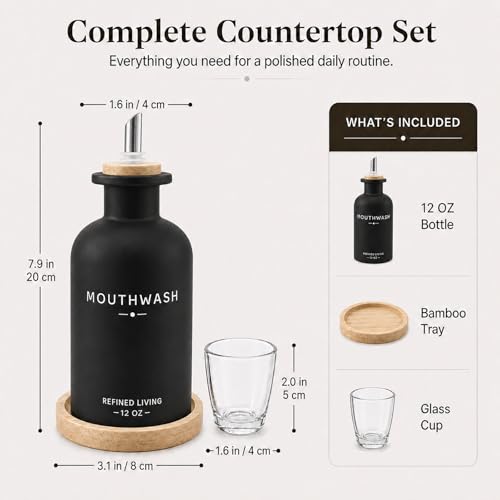 Image of Mouthwash Dispenser for Bathroom, 12 OZ Refillable Glass Mouthwash Bottle with Cup and Bamboo Tray, Decorative Mouth Wash Dispenser Set for Bathroom (Black)