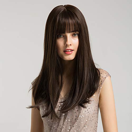 22"Dark Brown Wigs Natural Long Straight Synthetic Wig with High Density Natural Headline Heat Permanent Hair Wigs for Women