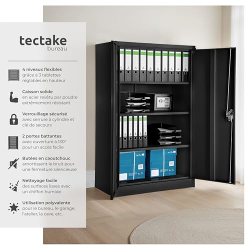 Armoire Bureau Métal Noir 3 Étagères + Serrure TecTake