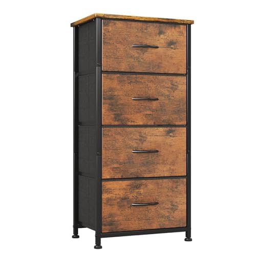CAIYUN Commode 4 Tiroirs, Meuble de Rangement à Tiroirs en Tissu, pour Chambre à Coucher, Couloir, Entrée, Salon, Cadre en Métal, Plateau Bois, Marron