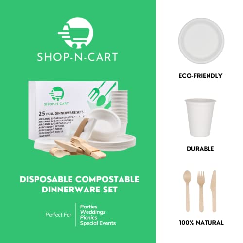 Shop-N-Cart Disposable Dinnerware Set, Heavy Duty Compostable, 200 Piece, Eco-Friendly Paper Plates, Bowls, And Utensils, Biodegradable Dinnerware For Camping, Party, Picnic #TOP4