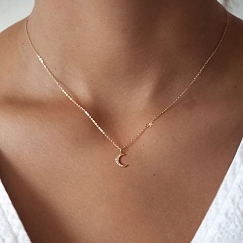 Hanli Dainty Necklace For Women 14K Gold Plated Simple Moon And Star Necklace Long Necklace Double Circle Pendant Necklace Everyday Trendy Jewelry Gift For Girls #TOP2