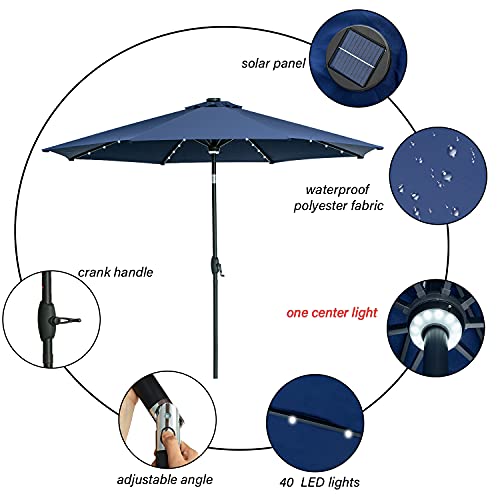 GDY 10Ft Patio Umbrella, Solar Powered 40 LED Lighted Outdoor Table Market Umbrella with Tilt and Crank, Center Light (Navy Blue) - Image 6