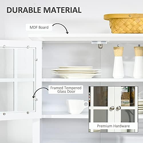 HOMCOM Kitchen Cupboard, Wooden Storage Cabinet with Framed Glass Door, Drawer, Microwave Space for Dining and Living Room, White