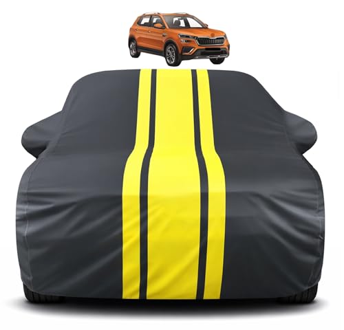 Image of Auto Hub Car Cover Compatible with Skoda Kushaq with Mirror Pocket, Soft Cotton Lining, Kushaq Car Cover Waterproof - Yellow-Black