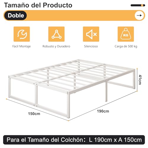 Miniatura 2 de Yicensen Cama De Metal De 150 X 190 Cm Con Somier De Láminas De Metal, 41 Cm De Altura, Marco De Camas Matrimoniales, Montaje Fácil, Estable, Blanco