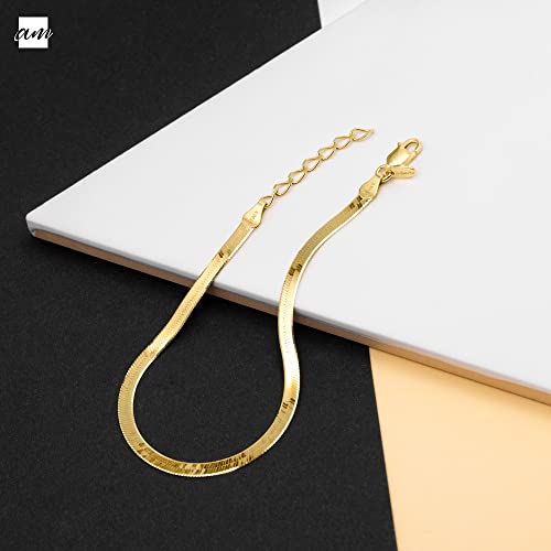 Image of Amberta Women 925 Sterling Silver Flat Snake Bracelet: 3 mm Gold Plated Herringbone Bracelet 20 cm