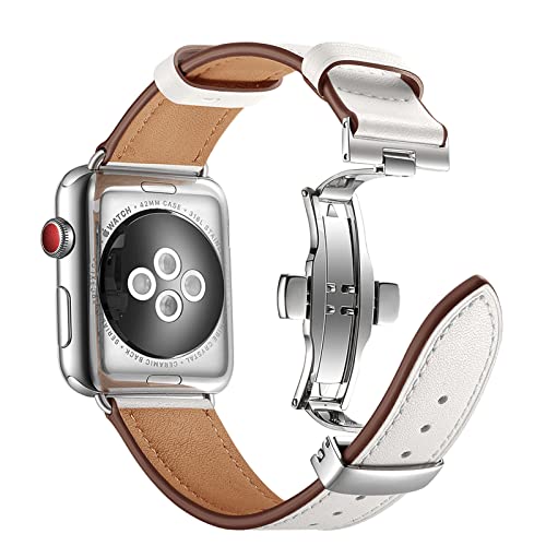 Bracelet Apple Watch 45mm 44mm cuir véritable blanc boucle papillon iWatch