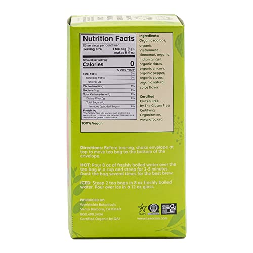 Worldwide Botanicals Organic Rooibos Masala Chai – 50% More Herbs With 4G Per Tea Bag – Caffeine-Free Rooibos, Cinnamon, And Spices – Kosher, 25 Tea Bags #TOP4