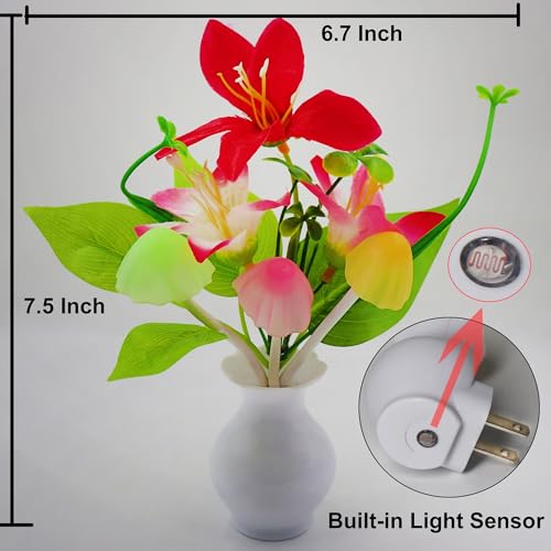 Image of AUSAYE 4PCS Plug-in Night Light with Auto Light Sensor,RGB LED Mushroom Night Light Wall Red Lily Flower Lamp for Adults Kids Nursery Room,Bedroom,Lounge,Hallway,Stairs