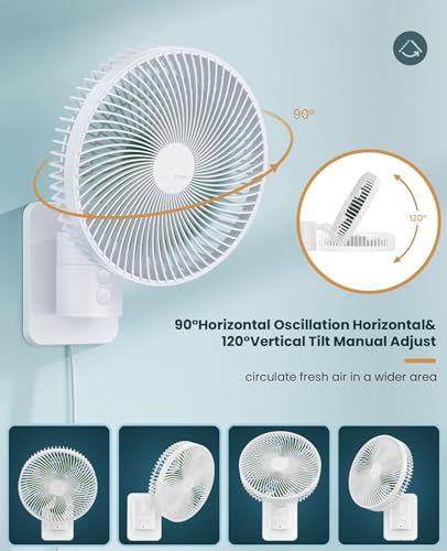 LEMOISTAR Ventilador pequeno de parede de 8 polegadas com controle remoto, oscilante a 90°, 4 veloci