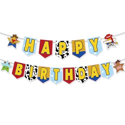 Large Birthday Banner for Kids Adults - Cartoon Toy Themed Party Paper Banner with Bright Colors, Easy to Hang Happy Birthday Decoration for Home Party, Birthday Celebration (Yellow and Blue)