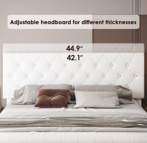 Ttview Upholstered Queen Bed Frame With Button Tufted Headboard, Modern Faux Leather Platform Bed With Wooden Slat Support, No Box Spring Needed, Sturdy And Noise-Free, Easy Assembly, White #TOP2