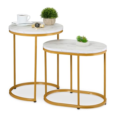Relaxdays Satztisch, 2er Set, Beistelltisch rund & oval, Marmoroptik, Metallbeine, Wohnzimmer, Couchtisch, weiß/Gold