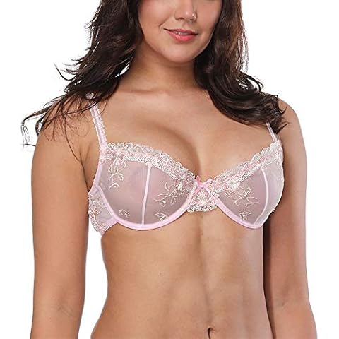 HWDI 34DD Sexy Lace Mesh See Through Sheer Bra Unlined Non Padded Push Up Plus Size Pink Cover