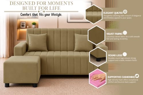 Image of Rosebell 2 Seater Sofa with Ottoman | Living Room Couch | with Cushions | Sofa for Home, Apartment & Office-Golden Color