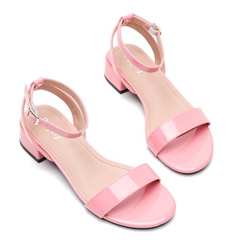Image of Women's Ankle Strap Sandals, Low Block Heel, Open Toe Summer Dress Shoes with Buckle Closure
