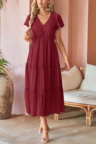 Image of VOTEPRETTY Women's 2026 Summer Boho Maxi Dresses Flutter Short Sleeve V Neck Casual Beach Wedding Guest Vacation Long Dress