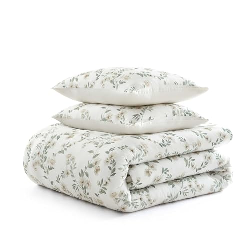 Image of Martha Stewart - King Comforter Set, Soft Cotton with Crisp & Tailored Naturally Smooth Cotton Percale Reverse, 3 Piece Bed Set with Matching Pillowcases (Hazel Floral Beige)