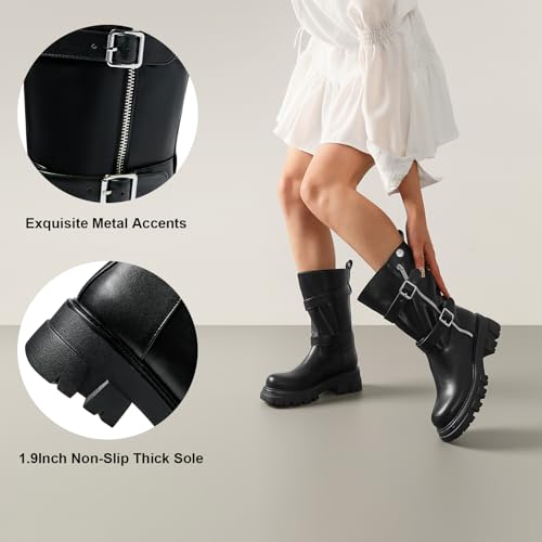 Women's Combat Boots Chunky Platform Mid Calf Boots Ankle Buckle Biker Boots Round Toe Motorcycle Moto Bootie3