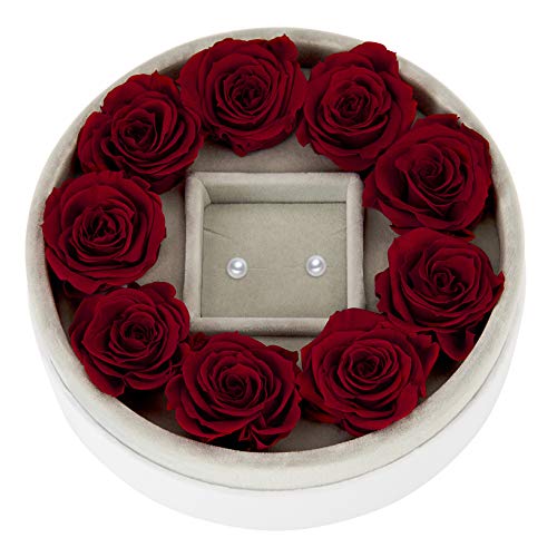 Mia Milano Rosen mit Schmuck I Geschenkbox für Damen mit konservierten Rosen und 925 Echtsilber Ohrstecker I Handgemachte Schmuck Rosenbox mit roten Rosen I Konservierte Flowerbox 3 Jahre haltbar Cover