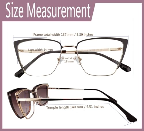 Circleperson Cat Eye Magnet glasses 2 in 1 Polarized clip on Sunglasses for Women 54-18-146 Metal Spring hinges2