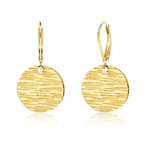 ALEXCRAFT Sterling Silver & 14K Gold Plated Dangle Earrings for Women Hypoallergenic Lightweight Coin Disc Line Texture Leverback Earrings Trendy Minimalist Women Jewelry Gifts