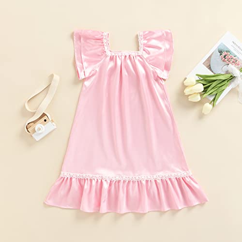 Baby Girls Silk Nightgowns Pajamas Dresses Short Sleeve Square Neck Ruffled Satin Princess Nightdress Girls Sleepwear2