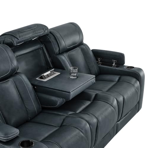 Image of Watson & Whitely Power Reclining Sofa 3-Seat Middle Flip Back, Leather Blue