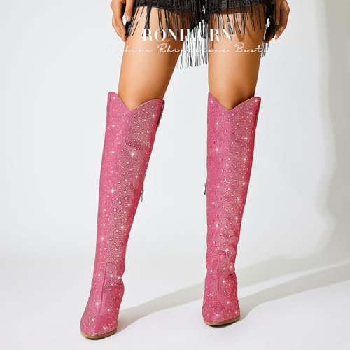 RONILURN Women Rhinestone Over the Knee Cowboy Boots, Sparkly Bling Cowgirl Boots Western Thigh High Boots Pull-On Side Zippers Chunky Heel Pointed Toe Size5-12 For Fashion&Daily by RONILURN - Image 8