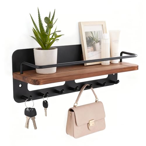 Zocipro Porte Clef en Bois avec Étagère, Porte-clés Décoratif avec 7 Crochets, Porte-clés Étagère Mural pour Entrée, Couloir, Chambre à Coucher,...