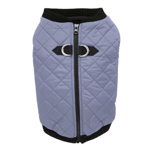 Image of Gooby Fashion Vest Dog Jacket, Gray, Small | Quilted bomber, water-resistant; Stretch knit bottom; Dual D-ring leash; Pain-free zipper guard; Warm
