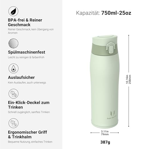 Super Sparrow Trinkflasche Edelstahl 18/8 - Trinkbecher - 750ml - BPA-Frei, Auslaufsicher Thermobecher, Trinkflaschen für Sport, Unterwegs… – Ansicht 3