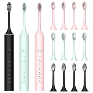 3 Pack Sonic Electric Toothbrush, Rechargeable Toothbrush with 2 Minute Built-in Timer, 6 Clean Modes 3 Strengths(18 Grades), 42000vpm 12 Brush Heads (Black+Pink+MintGreen)