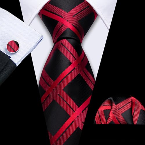 Image of Barry.Wang Men Ties Set Silk Necktie Silk Checked Woven Pocket Square Cufflinks Wedding Business