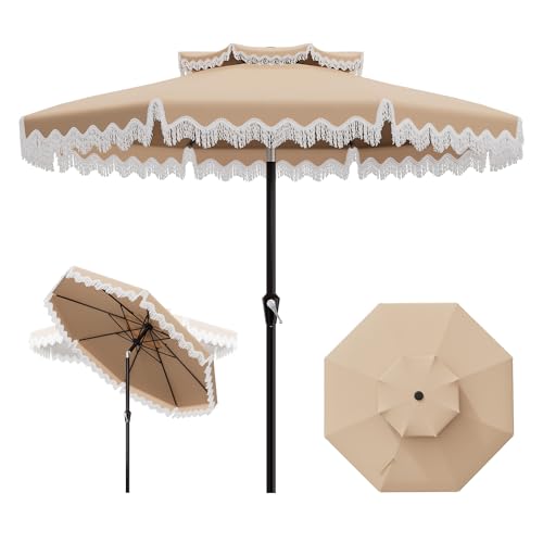 AreShark 9FT Patio Umbrella with Fringe Wind-Resistant Fiberglass 8 Ribs Tassel Outdoor Umbrella with Crank and Push Button Tilt Double Tier Vent Sun Shade for Pool Deck Backyard Beige