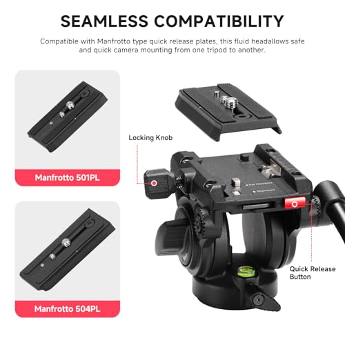 Avella Video Tripod Fluid Head with Quick Release Plate, Lightweight Heavy Duty Compatible with Manfrotto,Max Load 13.2lb/6kg for Video Canon Nikon Sony Olympus Panasonic DSLR Camera, V504 by AVELLA - Image 3