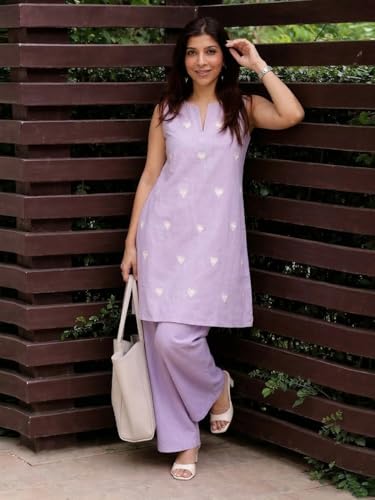 Image of ANNI Designer Kurta Set for Women Cotton Blend Embroidered | Kurti Set for Woman | Farshi Salwar Suit Kurta Palazzo Outfit | Round Neck V Slit Sleeveless Regular Fit Ethnic Dress Stylish Clothing