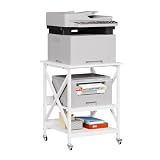 VEDECASA 3 Ebenen Druckerständer mit Rollen, Großer Druckertisch 60x60cm mit Ablagen, Stabiler Druckerwagen mit X-Rahmen für Büro und Home Office, Weiß, Passt Fuer Grosse Drucker,Leicht Beweglich,Weiß