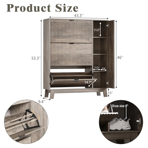 Image of Shoe Cabinet Storage for Entryway with 3 Flip Drawers & Side Cabinet, Fluted Narrow Shoe Organizer with Wooden Leg, Freestanding Shoe Storage Hidden Shoe Rack Organizer for Front Door Entrance, Grey