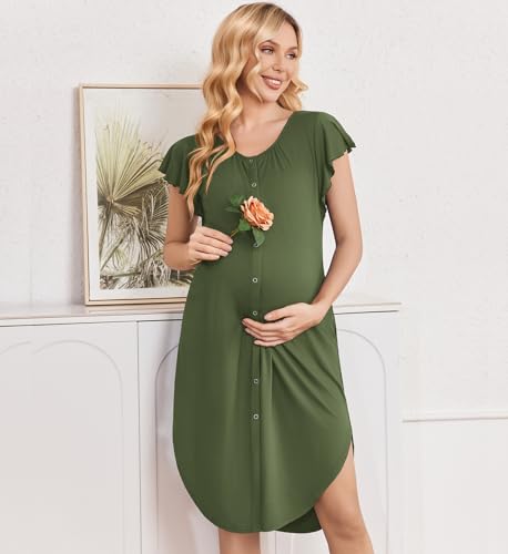 Ekouaer Labor and Delivery Gown 3 in 1 Nursing/Hospital/Breastfeeding/Maternity Flying Short Sleeve Nightgown with Button Army Green XL — view 2
