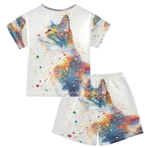 senya Short Sleeve Pajamas Sets Summer Cotton Sleepwear Watercolor Cat2