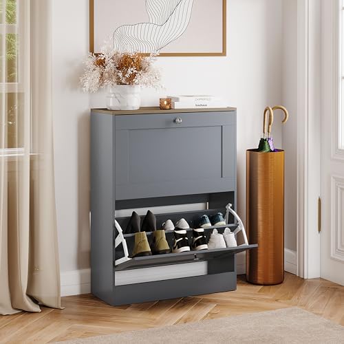 Vida Designs 2 Drawer Shoe Cabinet | Grey & Oak | Space-Saving Storage for 10+ Pairs | 80H x 58W x 23.5D cm | Anti-Tip | Modern Hallway Unit