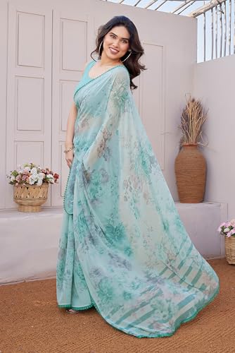 Image of MIRCHI FASHION Saree for Woman Georgette Floral and Leaf Printed | Elegant Farewell and Ceremonial Women's Sari with Blouse Piece