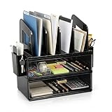 CiWiVOKi Desk Organizer with 4 File Holder Slots, 2 Clear Drawers & Dual Pen Holders, Multi-Functional Office Supplies Desktop Storage for Home Office, Space-Saving Mail Sorter & Caddy, Black