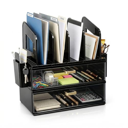 CiWiVOKi Desk Organizer with 4 File Holder Slots, 2 Clear Drawers & Dual Pen Holders, Multi-Functional Office Supplies Desktop Storage for Home Office, Space-Saving Mail Sorter & Caddy, Black