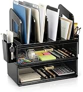 CiWiVOKi Desk Organizer with 4 File Holder Slots, 2 Clear Drawers &amp; Dual Pen Holders, Sturdy Mult...